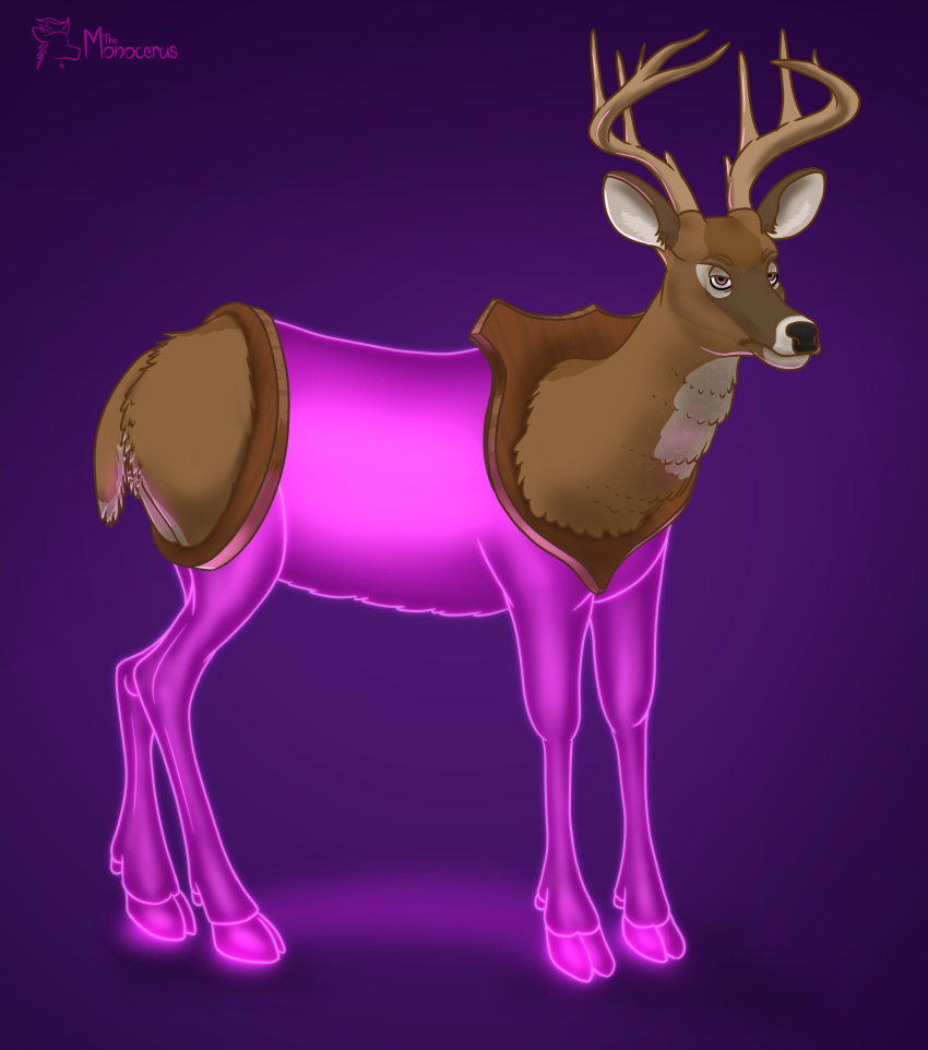 4_legs absurd_res animate_inanimate antlers black_nose brown_body brown_eyes brown_fur cloven_hooves deer feral fur fur_markings glowing glowing_body glowing_hooves glowing_legs hi_res hooves horn looking_at_viewer male mammal markings monocerus mounted_trophy possessed_inanimate purple_body short_tail simple_background solo tail taxidermy taxidermy_mount translucent translucent_body translucent_hooves translucent_legs wood