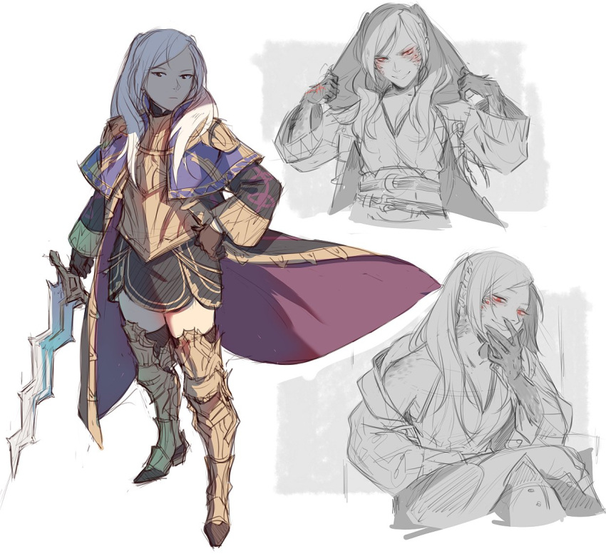 armor armored_boots black_hands black_skirt boots breastplate brown_gloves coat crossed_legs evil_grin evil_smile eyes_of_grima fire_emblem fire_emblem_awakening gloves grima_(fire_emblem) grin holding holding_sword holding_weapon maiqo open_clothes open_coat red_eyes robin_(female)_(fire_emblem) robin_(fire_emblem) shirt shoulder_armor simple_background sketch skirt sleeveless sleeveless_shirt smile swept_bangs sword twintails weapon white_hair