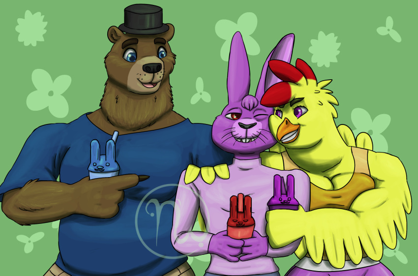 2020 4_fingers alternate_universe anthro artist_logo avian beak bear beverage big_breasts bird black_claws black_nose blonde_hair blue_eyes bonnie_(fnaf) bonnie_bunn bottomwear breasts brown_bear brown_body brown_bottomwear brown_clothing brown_eyebrows brown_fur brown_pants buckteeth chica_(fnaf) chica_chiken chicken clawed_fingers claws cleavage clothed clothing container cup eyebrows face_squish feather_hair feather_hands feathers female fingers five_nights_at_freddy's fluffy fredbear_college freddy_(fnaf) friends fur galliform gallus_(genus) gesture green_background group hair hand_on_shoulder hi_res holding_beverage holding_object lagomorph larger_male leporid logo long_ears male mammal multicolored_body multicolored_fur multicolored_hair muscular muscular_anthro muscular_female neck_tuft one_eye_closed open_mouth orange_beak orange_clothing orange_shirt orange_tank_top orange_topwear overweight overweight_anthro overweight_male pants phasianid pink_tongue pointing pointing_at_another pseudo_hair purple_body purple_bottomwear purple_clothing purple_eyes purple_fur purple_hair purple_inner_ear purple_shirt purple_shorts purple_topwear rabbit red_eyes red_hair scottgames shirt short_hair shorts simple_background size_difference skywater slim slim_anthro slim_male smaller_female smaller_male smile smiling_at_each_other squish straw tank_top teeth thick_eyebrows tongue toothed_beak topwear trio tuft ursine whiskers yellow_body yellow_feathers