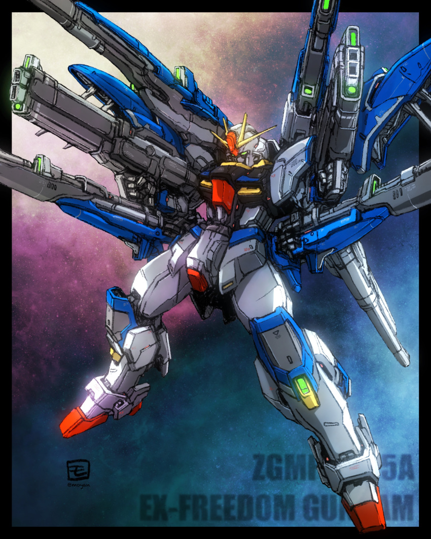 absurdres artist_logo beam_cannon beam_rifle black_border border character_name commentary_request dual_wielding energy_gun freedom_gundam full_body green_eyes gun gundam gundam_seed highres holding holding_gun holding_weapon legs_apart looking_ahead mecha mechanical_wings mobile_suit moyan no_humans original outside_border redesign robot science_fiction solo twitter_username v-fin weapon wings