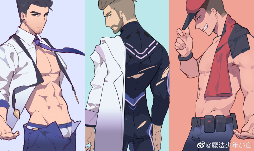3boys absurdres back bara baseball_cap black_bodysuit bodysuit brown_hair bulge_peek character_request coat come_hither cowboy_shot facial_hair from_behind from_side goatee_stubble hat highres lab_coat looking_at_viewer magicxbai male_focus male_underwear male_underwear_peek multiple_boys muscular muscular_male open_clothes open_coat open_shirt outstretched_hand pectoral_cleavage pectorals pokemon pokemon_sv profile reaching reaching_towards_viewer seductive_smile short_hair smile standing stubble torn_bodysuit torn_clothes turo_(pokemon) undercut underwear white_male_underwear