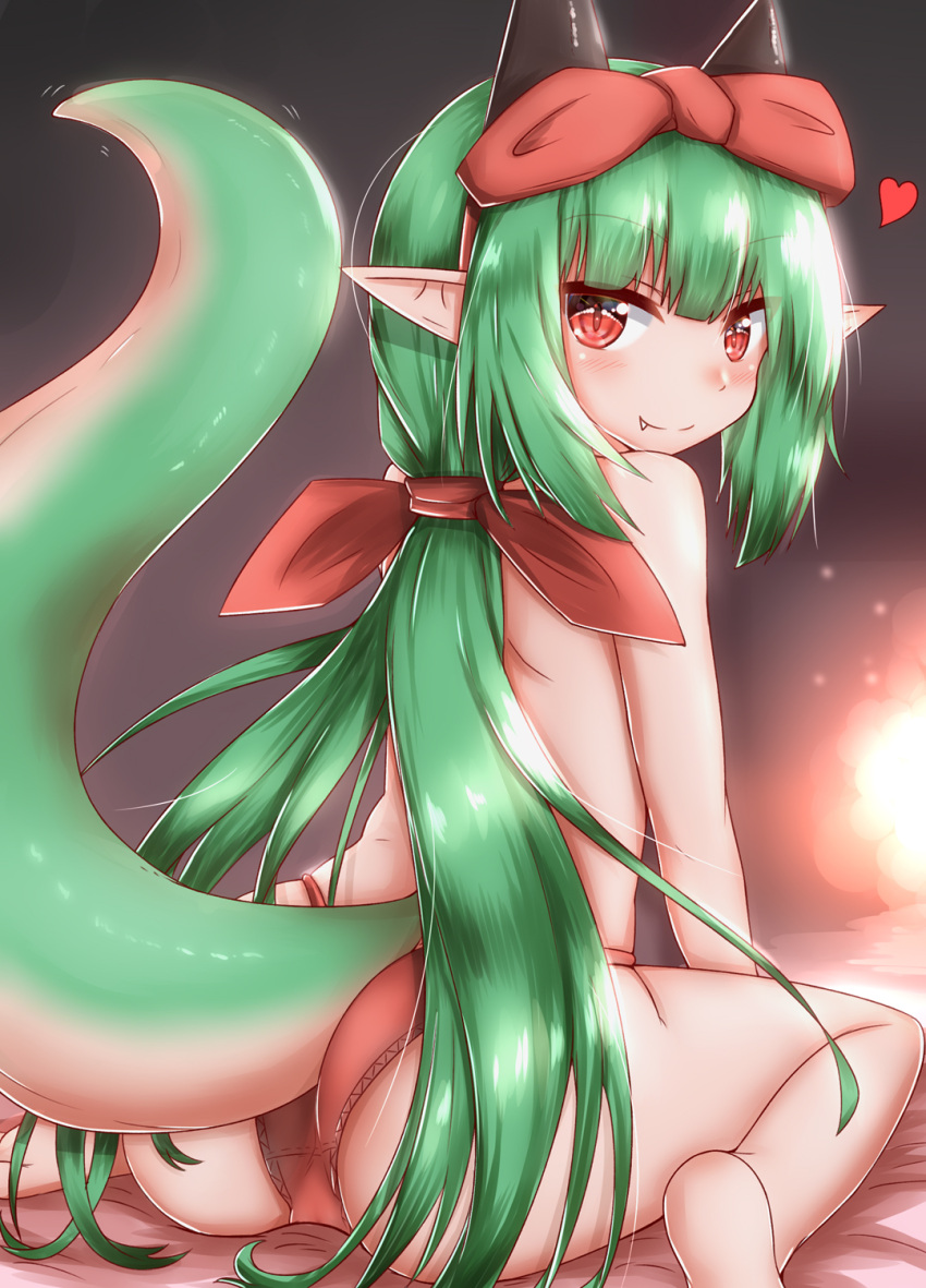 1girl ass blush dragon_girl dragon_horns dragon_tail fang from_behind green_hair heart highres horns horokusa_(korai) long_hair looking_at_viewer looking_back original panties pointy_ears red_eyes red_panties sitting slit_pupils smile solo tail underwear wariza