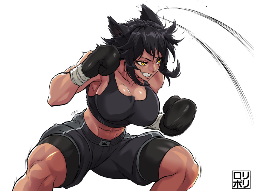 1girl abs animal_ears boxing_gloves boxing_ring boxing_shorts cat_ears cat_girl dark_skin dodging highres jamrolypoly looking_to_the_side mouth_guard muscular muscular_female original shorts signature solo thick_thighs thighs yellow_eyes