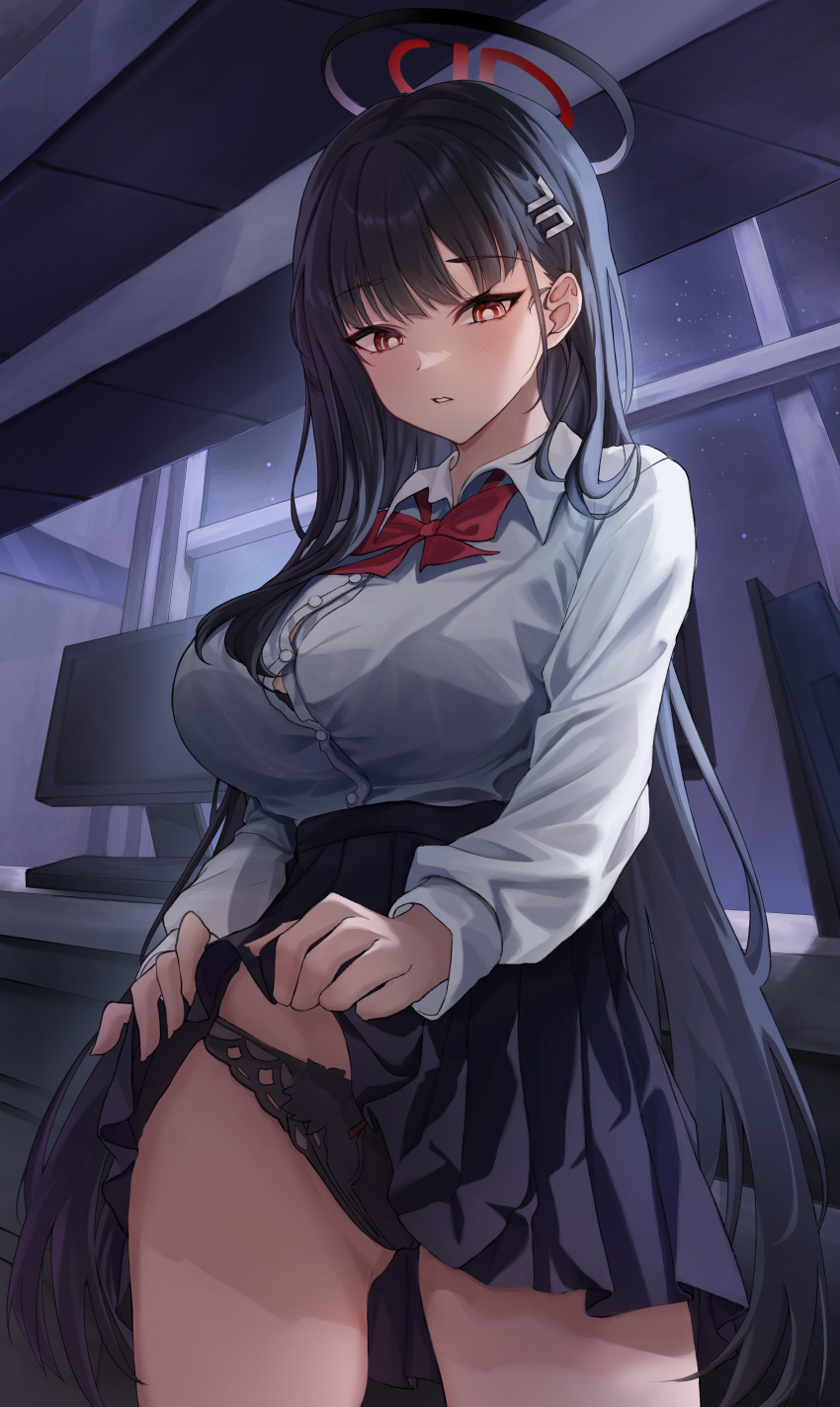 1girl absurdres black_hair black_panties black_skirt blue_archive blush bow bowtie breasts bright_pupils cela_(akeeeeee675) collared_shirt hair_ornament halo highres indoors large_breasts long_hair long_sleeves looking_at_viewer monitor night panties parted_lips red_bow red_bowtie red_eyes rio_(blue_archive) school_uniform shirt shirt_tucked_in skirt solo thighs underwear white_pupils white_shirt