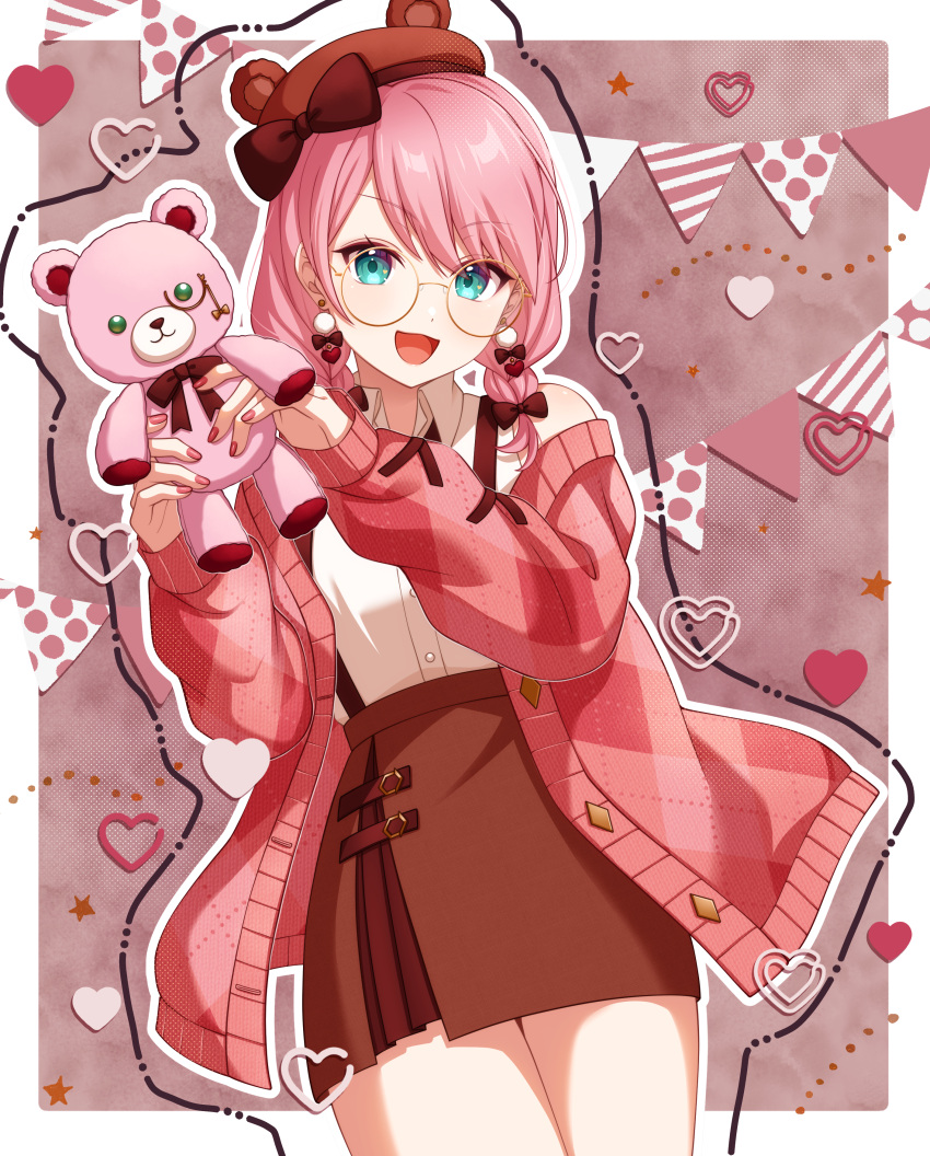 1girl absurdres aqua_eyes bow brown_skirt charlotte_(genshin_impact) commentary_request doll earrings genshin_impact glasses hat highres holding holding_doll holding_stuffed_toy jacket jewelry long_sleeves looking_at_viewer medium_hair open_mouth pink_hair pink_jacket pochimaru_(marumaru_wanwan) red_headwear skirt smile stuffed_animal stuffed_toy sweater_jacket teddy_bear