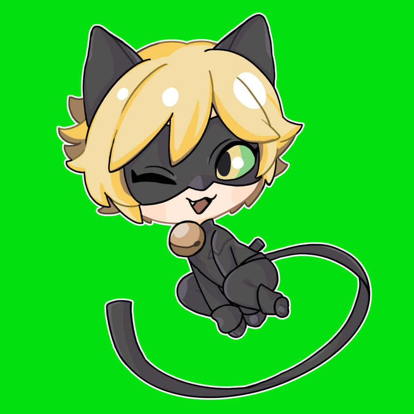 1boy :3 ;d adrien_agreste animal_ears bell black_bodysuit blonde_hair bodysuit cat_boy cat_ears chat_noir chibi colored_sclera domino_mask fang green_background green_sclera highres male_focus mask miraculous_ladybug one_eye_closed simple_background smile superhero tail uryufu yellow_eyes