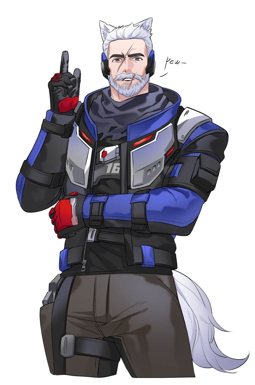 1boy absurdres animal_ears bara beard cdmyum0 cropped_legs dog_boy dog_ears dog_tail facial_hair full_beard highres index_finger_raised kemonomimi_mode looking_at_viewer male_focus mature_male old old_man overwatch scar scar_on_face scar_on_forehead short_hair soldier:_76_(overwatch) solo tail thick_beard thick_eyebrows thick_mustache white_hair