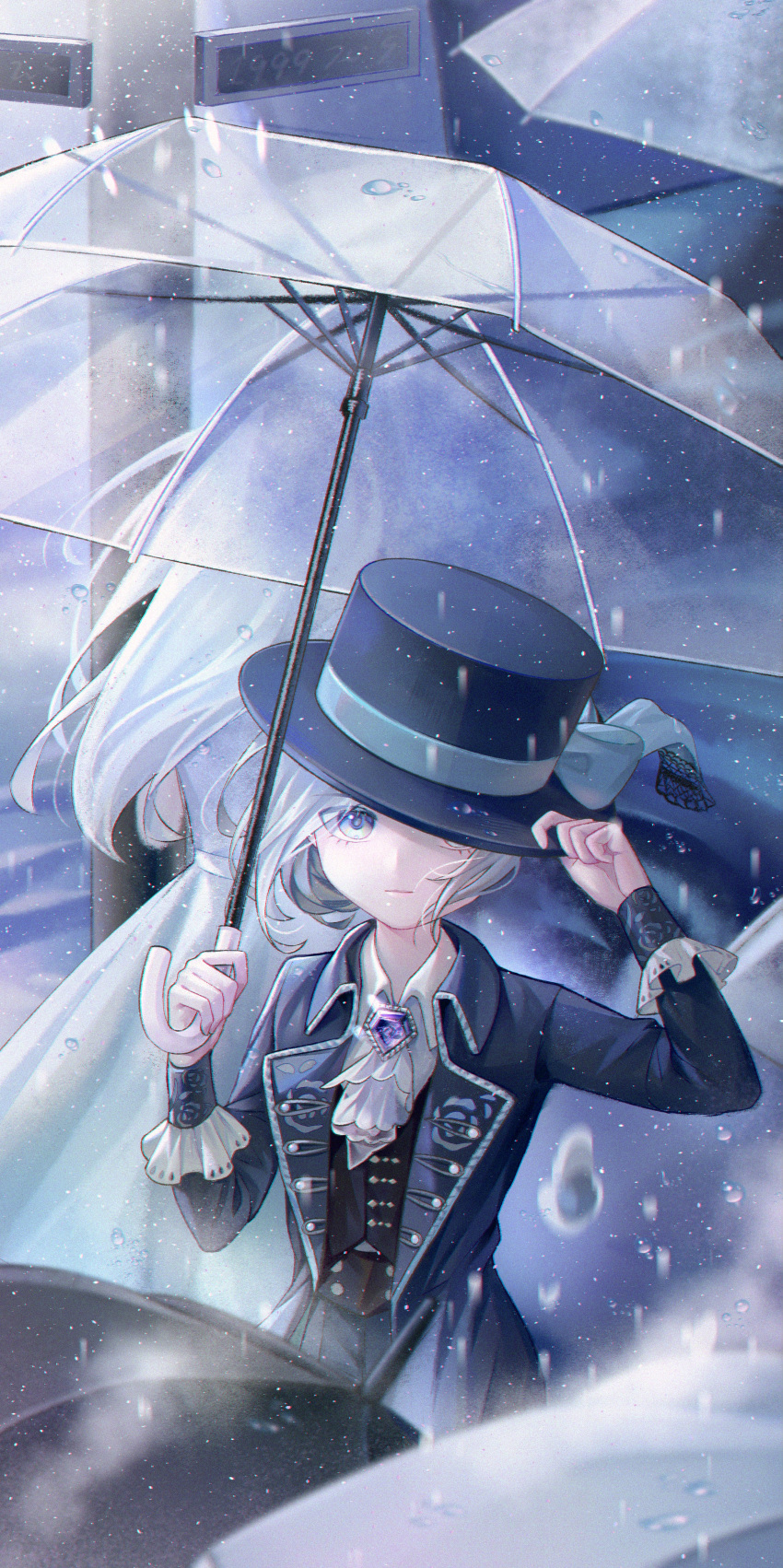 2girls absurdres adjusting_clothes adjusting_headwear ascot black_vest blue_background blue_bow blue_coat blue_headwear boater_hat bow closed_mouth coat grey_eyes grey_hair hair_bun hand_on_headwear hands_up hat hat_bow hat_over_one_eye highres holding holding_umbrella long_sleeves looking_at_viewer multiple_girls one_eye_covered purple_brooch rain reverse:1999 shirt short_hair single_side_bun solo_focus transparent transparent_umbrella umbrella upper_body uuz vertin_(reverse:1999) vest waistcoat water_drop white_ascot white_hair white_shirt