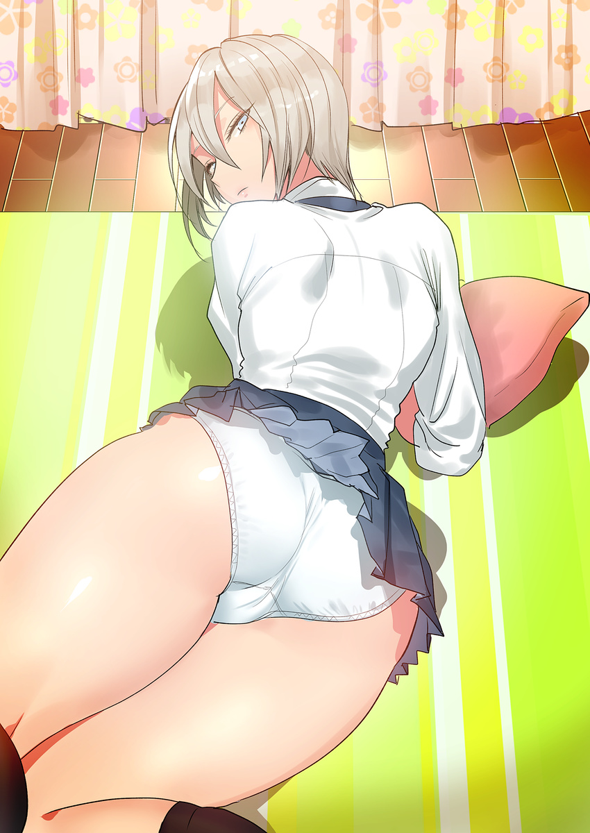 absurdres ass bad_id bad_pixiv_id blouse blue_eyes blush commentary_request curtains from_behind hair_between_eyes hato_konro highres indoors lips long_hair looking_at_viewer lying miniskirt on_stomach original panties pantyshot school_uniform silver_hair skirt solo thighs underwear white_blouse white_panties wooden_floor