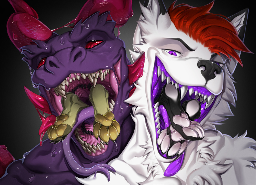 anthro anthro_pred bodily_fluids canid canine canis devourer_(razor_koopa) digital_media_(artwork) dragon dripping drooling drooling_onto_other drooling_tongue duo duo_focus fangs feet foot_focus fox fur goo_creature goo_dragon goo_dripping group hi_res hindpaw horn larger_male larger_pred looking_at_viewer male male/male male_pred mammal mouth_shot multiple_pred muscular muscular_anthro muscular_male mzmrt open_mouth oral_vore pawpads paws paws_in_face pecs pure_(purethefloof) purple_body purple_flesh red_eyes ren_(living_detria) saliva saliva_drip saliva_on_tongue saliva_string salivating sharp_teeth simple_background size_difference slime smaller_male smaller_prey solo teasing teeth throat tongue tongue_out undead vore zombie