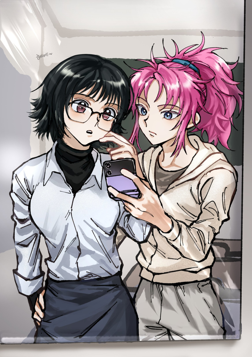 2girls :o absurdres blue_eyes cellphone closed_mouth collared_shirt cowboy_shot crernebrulee dress_shirt flipped_hair glasses grey_pants hand_on_another's_waist hand_up head_tilt highres holding holding_phone hood hoodie hunter_x_hunter indoors korean_commentary long_sleeves looking_at_phone machi_komacine multiple_girls pants phone pink_hair ponytail red_eyes shirt shizuku_murasaki short_hair side-by-side sidelocks sweater turtleneck turtleneck_sweater undershirt white_hoodie white_shirt