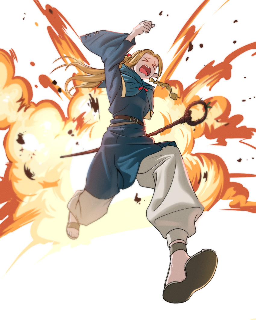 &gt;_&lt; 1girl 5670srpp blonde_hair blue_capelet blue_robe braid capelet dungeon_meshi elf explosion highres holding holding_staff mage_staff marcille_donato multiple_braids open_mouth pants pointy_ears robe running solo staff white_pants