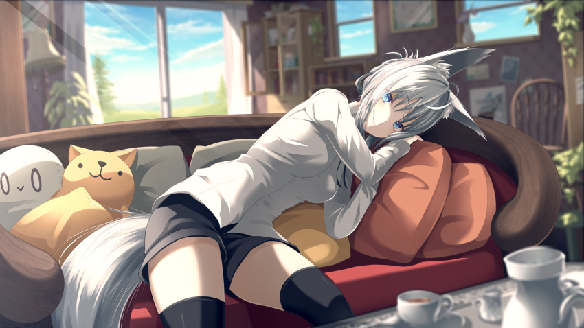 1girl ahoge animal_ear_fluff animal_ears black_shorts black_thighhighs blue_eyes blue_sky blurry blurry_background bookshelf cat-shaped_pillow chair closed_mouth cloud commentary_request couch cowboy_shot cup day grass highres holding holding_pillow indoors lamp leaning_to_the_side living_room long_sleeves looking_at_viewer on_couch original pillow plant potted_plant saucer shiroino_(shirayuki_mutsuki) shirt short_hair short_shorts shorts sitting sky smile solo sunlight table tail tea teacup teapot thighhighs tree white_hair white_shirt white_sleeves wolf_ears wolf_tail