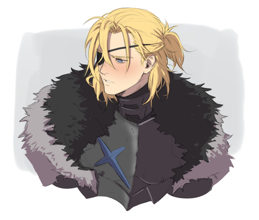 1boy armor black_armor blonde_hair blush breastplate cape dimitri_alexandre_blaiddyd eyepatch fire_emblem fire_emblem_awakening fur-trimmed_cape fur_trim highres looking_down maiqo male_focus medium_hair portrait short_ponytail simple_background sketch solo solo_focus