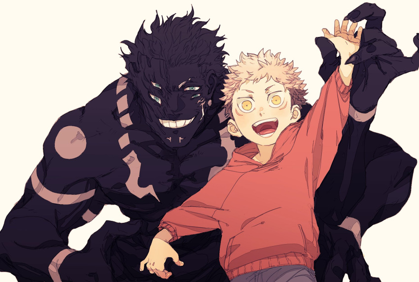 2boys aged_down black_skin body_markings colored_skin evil_grin evil_smile grin highres holding_another's_wrist hood hoodie itadori_yuuji jacket jujutsu_kaisen long_sleeves male_focus multiple_boys open_mouth pink_hair red_hoodie red_jacket ryoumen_sukuna_(jujutsu_kaisen) shiso_i4 simple_background smile squatting topless_male white_background yellow_eyes