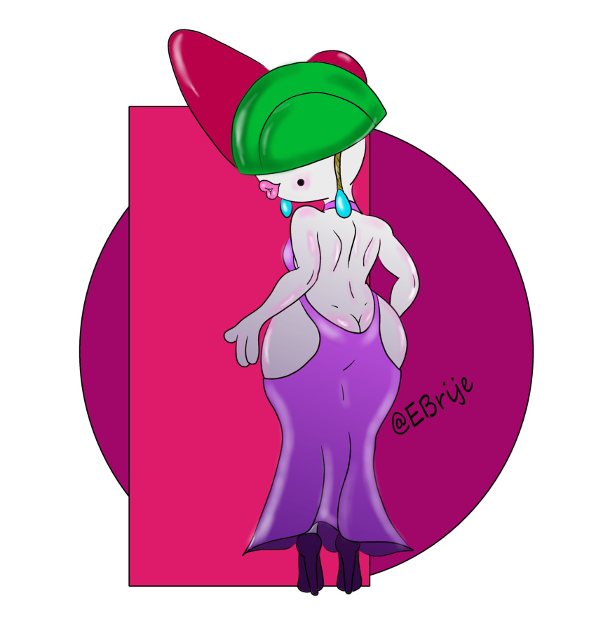 absurd_res anthro butt clothed clothing digital_media_(artwork) dress ear_piercing ear_ring eddiebrije female footwear generation_3_pokemon hi_res high_heels lips lipstick makeup nintendo not_furry piercing pokemon pokemon_(species) ralts ring_piercing simple_background solo thick_lips