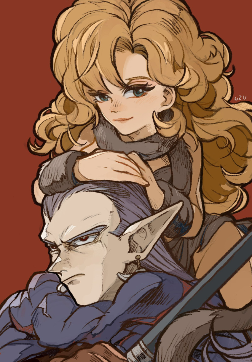 1boy 1girl artist_name ayla_(chrono_trigger) bare_shoulders blonde_hair blue_eyes brown_gloves cavewoman chrono_trigger closed_mouth curly_hair frown fur_cuffs fur_scarf fur_shirt fur_skirt furrowed_brow gloves grey_hair grey_scarf grey_shirt grey_skirt grey_wrist_cuffs hair_slicked_back hands_on_another's_head highres holding holding_weapon light_smile long_hair looking_at_viewer magus_(chrono_trigger) pointy_ears red_background scarf shirt skirt tooth_earrings upper_body uzutanco weapon