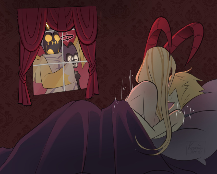 adam_(hazbin_hotel) angel anonymous_artist bed covering covering_face demon exorcist_(hazbin_hotel) fallen_angel female freaking_out furniture halo hazbin_hotel hi_res horn humanoid humor lucifer_(hazbin_hotel) lute_(hazbin_hotel) male male/female sex window window_curtains