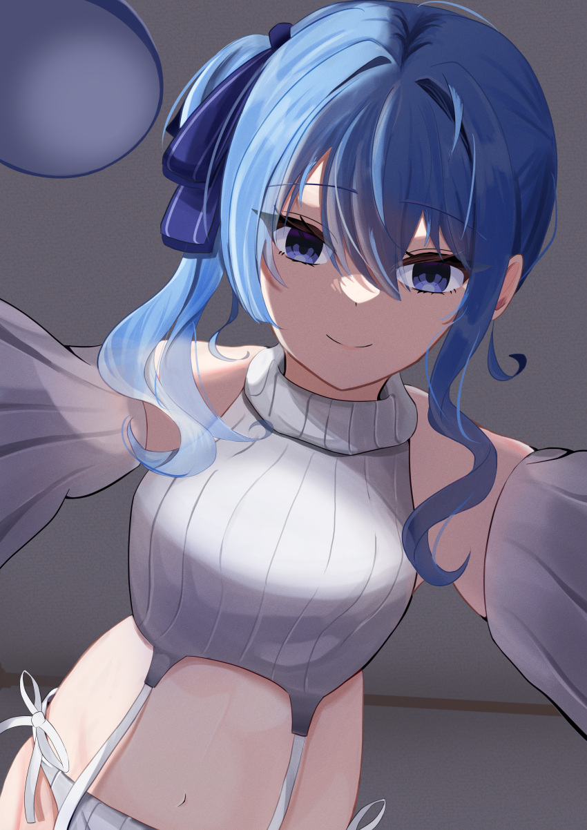 1girl absurdres blue_eyes blue_hair blue_ribbon breasts ceiling closed_mouth detached_sleeves from_below girl_on_top hair_ribbon high_side_ponytail highres hololive hoshimachi_suisei kurenaiaoi0 looking_at_viewer meme_attire navel panties pov ribbon smile solo sweater turtleneck turtleneck_sweater underwear virgin_destroyer_sweater virgin_killer_sweater virtual_youtuber wavy_hair white_panties