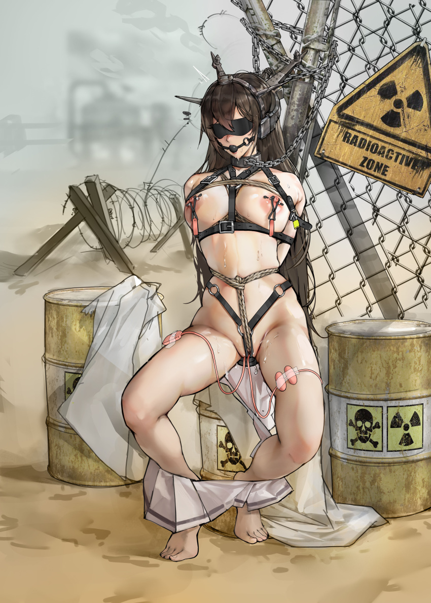 1girl absurdres arms_behind_back ball_gag bdsm black_blindfold black_hair blindfold blush bondage bound bound_arms breast_bondage breasts chain chain-link_fence covered_eyes crotch_rope drum_(container) fence gag gagged gdhs hair_between_eyes headgear highres kantai_collection large_breasts long_hair miniskirt nagato_(kancolle) nipple_piercing nude piercing pleated_skirt radiation_symbol restrained rope shibari shibari_over_clothes skirt skirt_around_ankles white_skirt