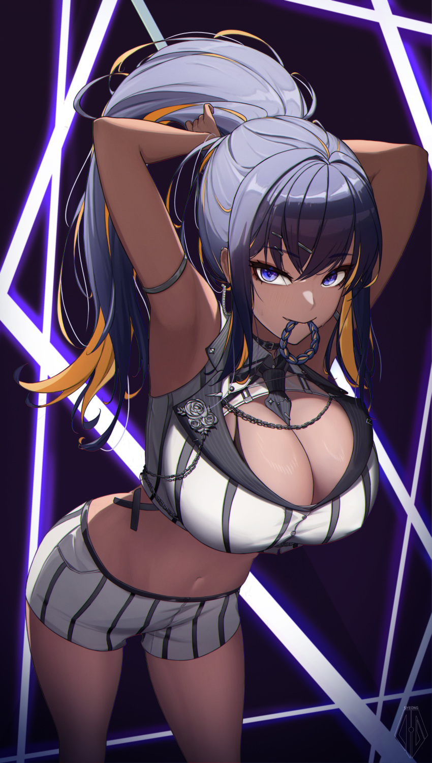 1girl absurdres adjusting_hair arms_up between_breasts blue_eyes bra breasts cleavage closed_mouth crop_top dark-skinned_female dark_skin earrings goddess_of_victory:_nikke hair_tie hair_tie_in_mouth highres jewelry large_breasts long_hair looking_at_viewer mouth_hold navel necktie necktie_between_breasts noise_(classic_diva)_(nikke) noise_(nikke) official_alternate_costume short_shorts shorts siyeong solo stomach underwear very_long_hair