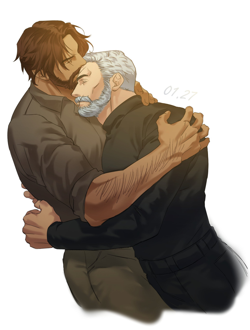2boys absurdres arm_hair bara beard cassidy_(overwatch) cdmyum0 couple cropped_legs dark-skinned_male dark_skin facial_hair from_side full_beard hand_on_another's_shoulder highres hug kiss kissing_forehead leaning_on_person looking_at_viewer male_focus mature_male multiple_boys mutual_hug old old_man overwatch pants profile scar scar_on_face scar_on_forehead short_hair soldier:_76_(overwatch) thick_beard thick_eyebrows thick_mustache white_hair yaoi