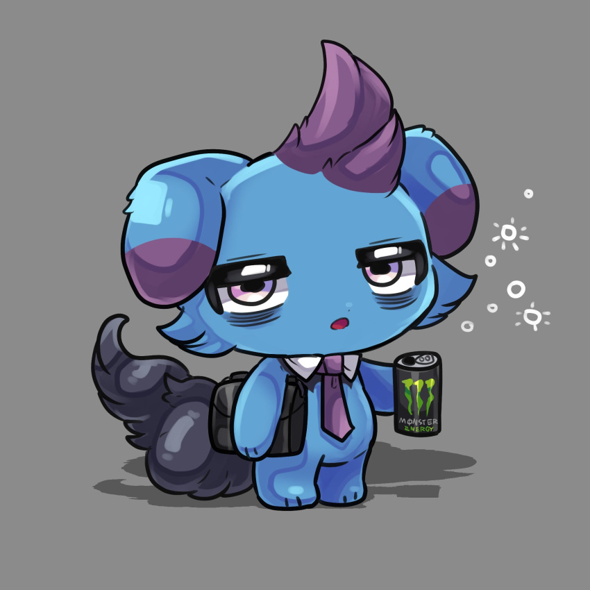 2024 ambiguous_gender anthro beverage beverage_can black_tail blue_body blue_fur briefcase bubble cel_shading cheek_tuft collar collar_only depresso drunk drunk_bubble energy_drink english_text eye_bags facial_tuft floppy_ears fluffy fluffy_tail full-length_portrait fur grey_background half-closed_eyes handpaw head_tuft hi_res highlights_(coloring) hindpaw holding_beverage holding_object looking_at_viewer monster_energy monster_energy_can monster_energy_logo murasakigezi narrowed_eyes necktie nude open_mouth pal_(species) palworld paws portrait purple_eyes purple_highlights purple_necktie shaded shadow simple_background solo substance_intoxication tail text tuft