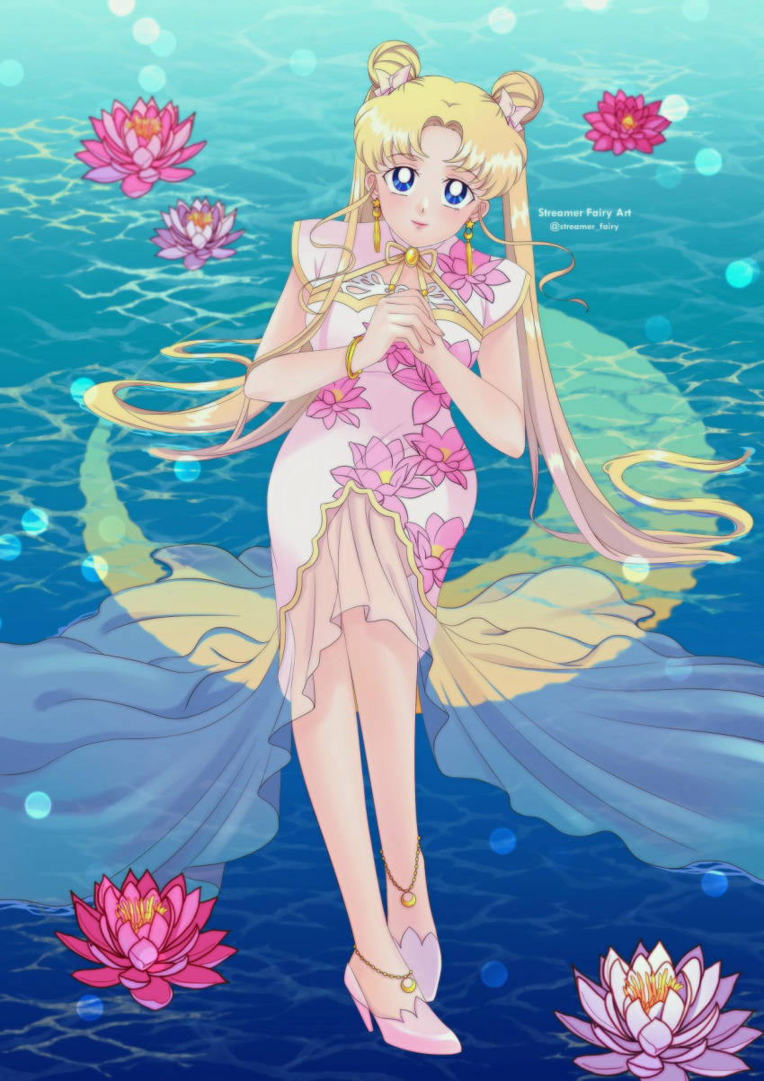 1girl artist_name bishoujo_senshi_sailor_moon blonde_hair blue_eyes bracelet china_dress chinese_clothes commentary crescent crescent_earrings double_bun dress earrings english_commentary floral_print flower full_body hair_bun high-low_skirt high_heels highres jewelry koya long_hair lotus lotus_print own_hands_together print_dress see-through_skirt_layer sitting star_(symbol) star_earrings tsukino_usagi twintails water white_footwear