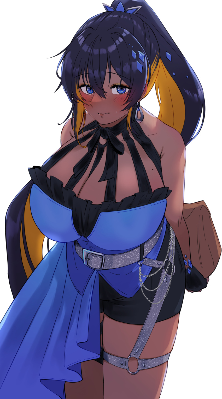 1girl absurdres belt black_hair blonde_hair blue_dress blue_eyes blush breasts cleavage colored_inner_hair commentary dark-skinned_female dark_skin dress earrings english_commentary fujisaki_subaru gloves goddess_of_victory:_nikke half_skirt high-waist_shorts highres holding holding_behind_back huge_breasts jewelry mixed-language_commentary multicolored_hair noise_(nikke) shorts simple_background single_earring solo white_background