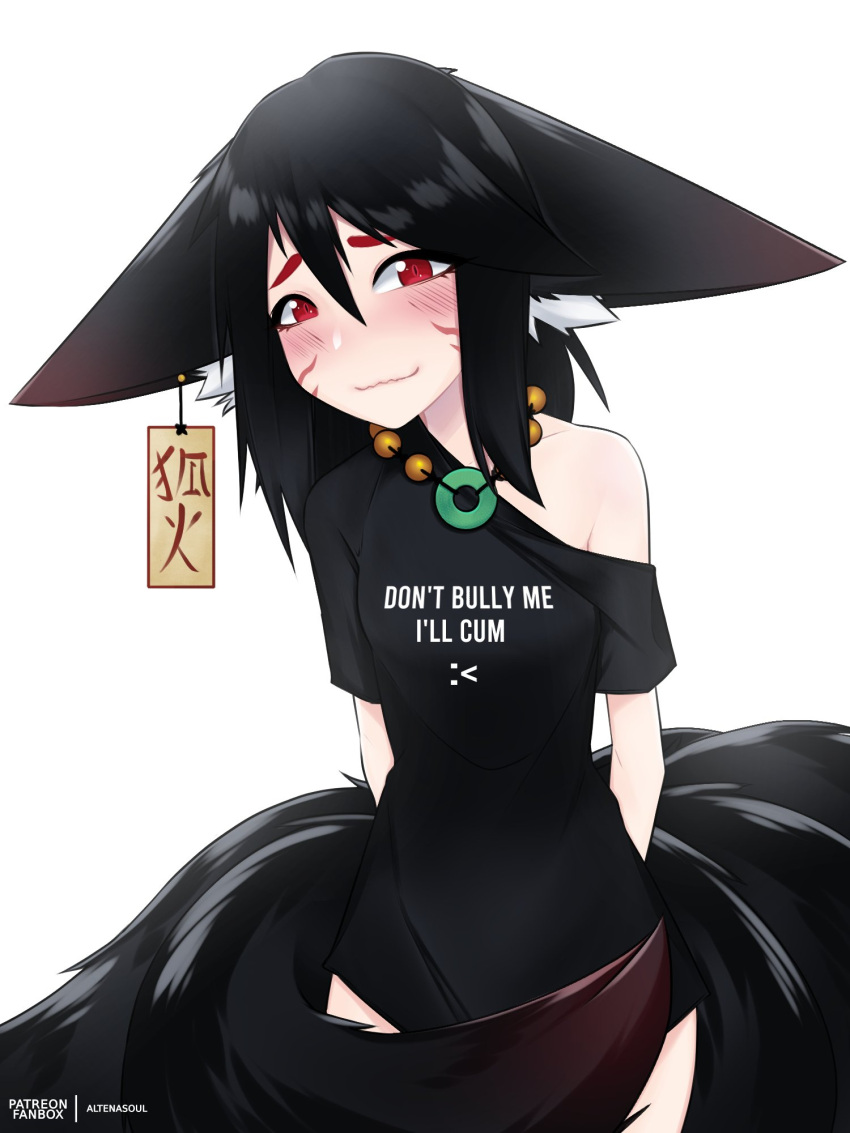 1girl :&lt; altenasoul animal_ear_fluff animal_ear_piercing animal_ears arms_behind_back black_hair black_shirt blush clothes_writing emoticon english_commentary english_text fox fox_ears highres jewelry large_ears long_hair looking_at_viewer multiple_tails necklace off-shoulder_shirt off_shoulder ofuda original red_eyes shirt simple_background solo t-shirt tail tail_censor wavy_mouth white_background