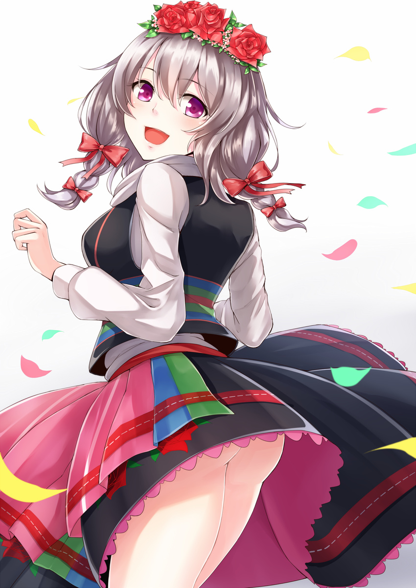 :d ass blush bow braid commentary_request cowboy_shot dabadhi flower frilled_skirt frills from_behind hair_between_eyes hair_bow hair_flower hair_ornament highres long_sleeves looking_at_viewer looking_back malbork_(oshiro_project) multicolored multicolored_clothes multicolored_skirt no_panties open_mouth oshiro_project oshiro_project_re polish_clothes puffy_long_sleeves puffy_sleeves purple_eyes red_bow red_flower red_rose rose shirt silver_hair skirt smile solo traditional_clothes twin_braids vest white_shirt