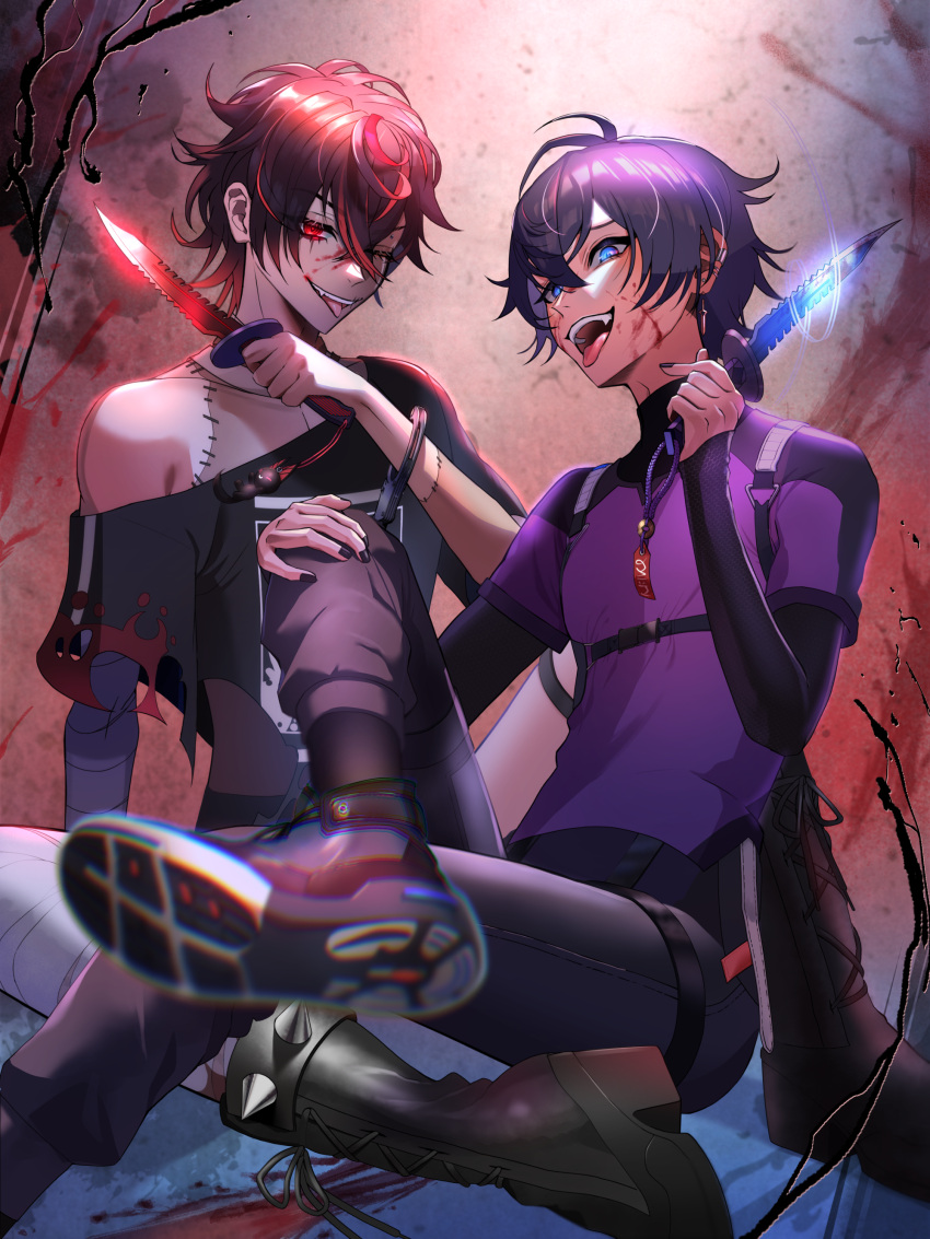 2boys absurdres bandaged_arm bandages bishounen black_hair black_nails blood blood_on_face blue_eyes boots cross-laced_footwear ear_piercing earrings english_commentary fangs glowing glowing_eyes hand_on_own_knee highres holding holding_knife indie_virtual_youtuber jewelry knife kuro_kurenai lace-up_boots looking_at_viewer multicolored_hair multiple_boys one_eye_closed open_mouth piercing purple_hair red_eyes red_hair ringed_eyes short_hair shoto_(vtuber) single_off_shoulder sitting smile stitched_arm stitched_torso stitches streaked_hair tongue tongue_out torn_clothes two-tone_hair virtual_youtuber vshojo yuarima2