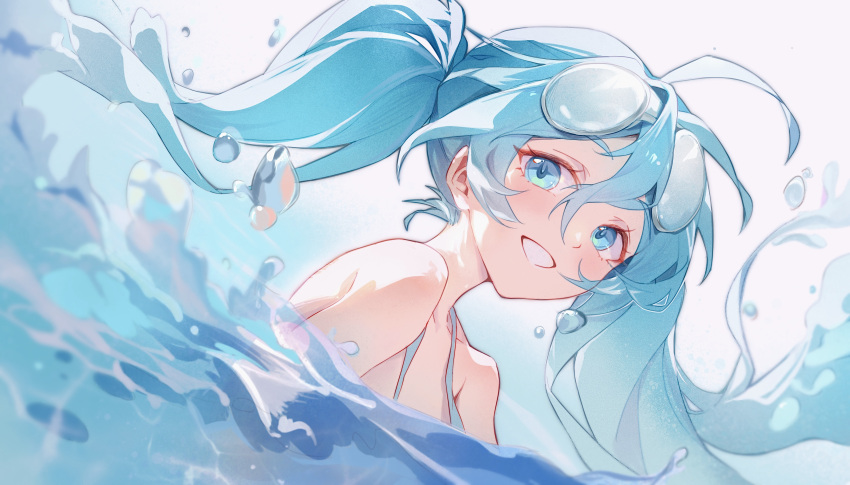 1girl absurdres ahoge aqua_hair bare_shoulders bikini blue_background blue_bikini blue_eyes cloudyman commentary english_commentary goggles goggles_on_head gradient_background hatsune_miku highres liquid_hair long_hair looking_at_viewer portrait smile solo swim_goggles swimming swimsuit upper_body very_long_hair vocaloid water