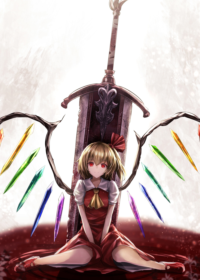 ascot bangs blonde_hair chipped_sword closed_mouth commentary_request crack crystal flandre_scarlet full_body greatsword hair_between_eyes hair_ribbon highres huge_weapon looking_at_viewer no_hat no_headwear planted_sword planted_weapon pool_of_blood puffy_short_sleeves puffy_sleeves red_eyes red_ribbon red_skirt red_vest ribbon ripples short_hair short_sleeves side_ponytail sinkai sitting skirt skirt_set smile solo sword touhou v_arms vest wariza weapon wings