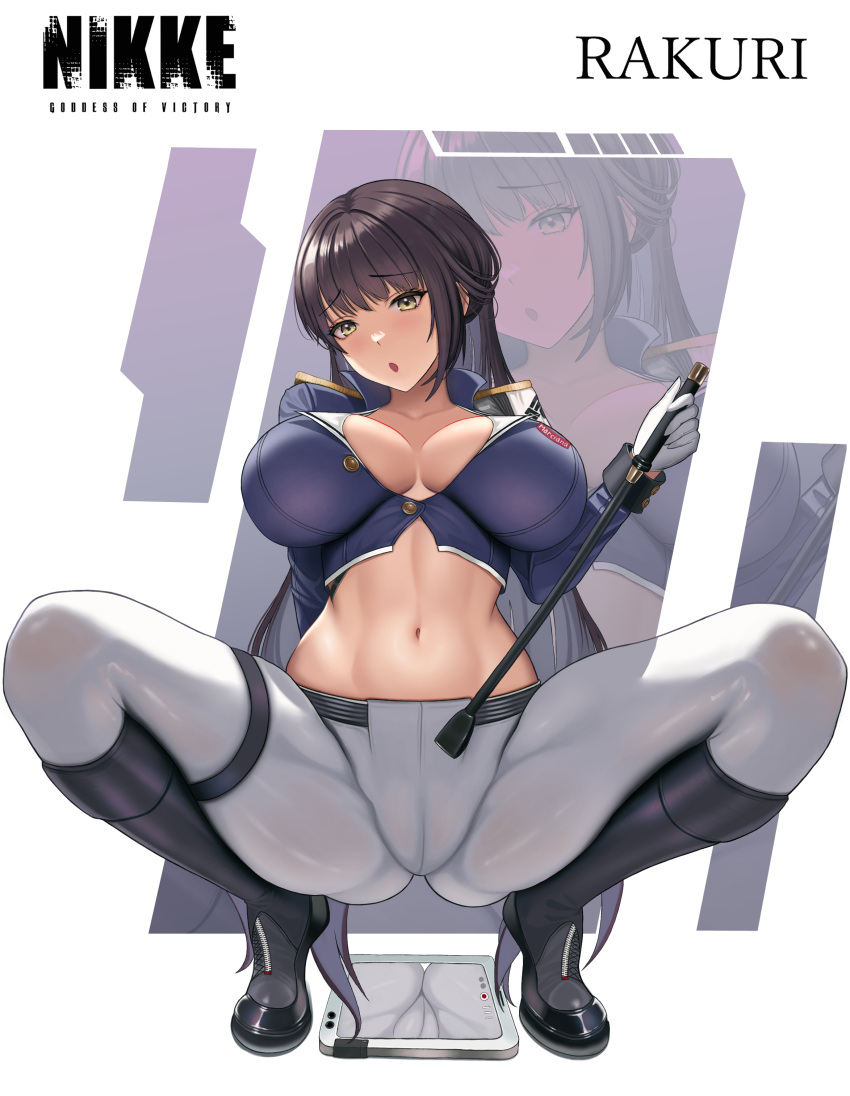 1girl :o absurdres artist_name ass belt black_belt black_footwear black_jacket blush boots breasts brown_eyes brown_hair cleavage collarbone commentary_request crop_top cropped_jacket epaulettes full_body gloves goddess_of_victory:_nikke highres holding_riding_crop jacket knee_boots large_breasts logo long_hair long_sleeves looking_at_viewer marciana_(nikke) military_jacket military_uniform navel open_mouth pants partial_commentary partially_unbuttoned rakuri_(rwrn5475) riding_crop sidelocks spread_legs squatting stomach tablet_pc tight_clothes tight_pants uniform very_long_hair white_gloves white_pants zoom_layer