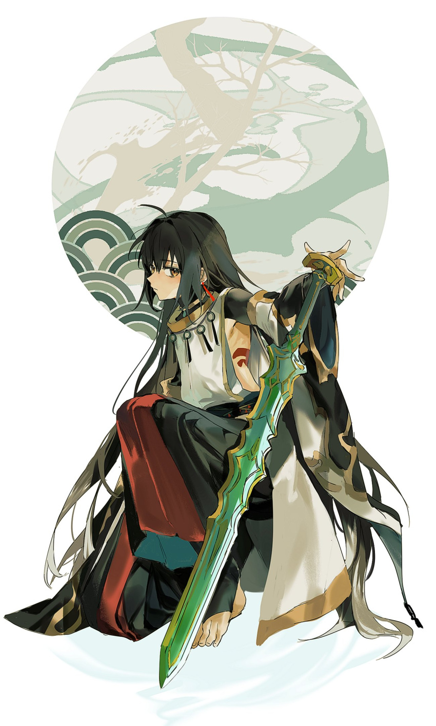 1other ahoge androgynous aqua_gemstone black_hair black_hakama body_markings earrings fate/grand_order fate/samurai_remnant fate_(series) hair_down hair_intakes hakama hakama_pants highres holding holding_sword holding_weapon jade_(gemstone) japanese_clothes jewelry long_hair multicolored_hair multicolored_pants necklace on_one_knee pants red_hakama solo ss_un17 sword toeless_legwear two-tone_hair two-tone_pants very_long_hair weapon white_hair yamato_takeru_(fate) yamato_takeru_(third_ascension)_(fate)