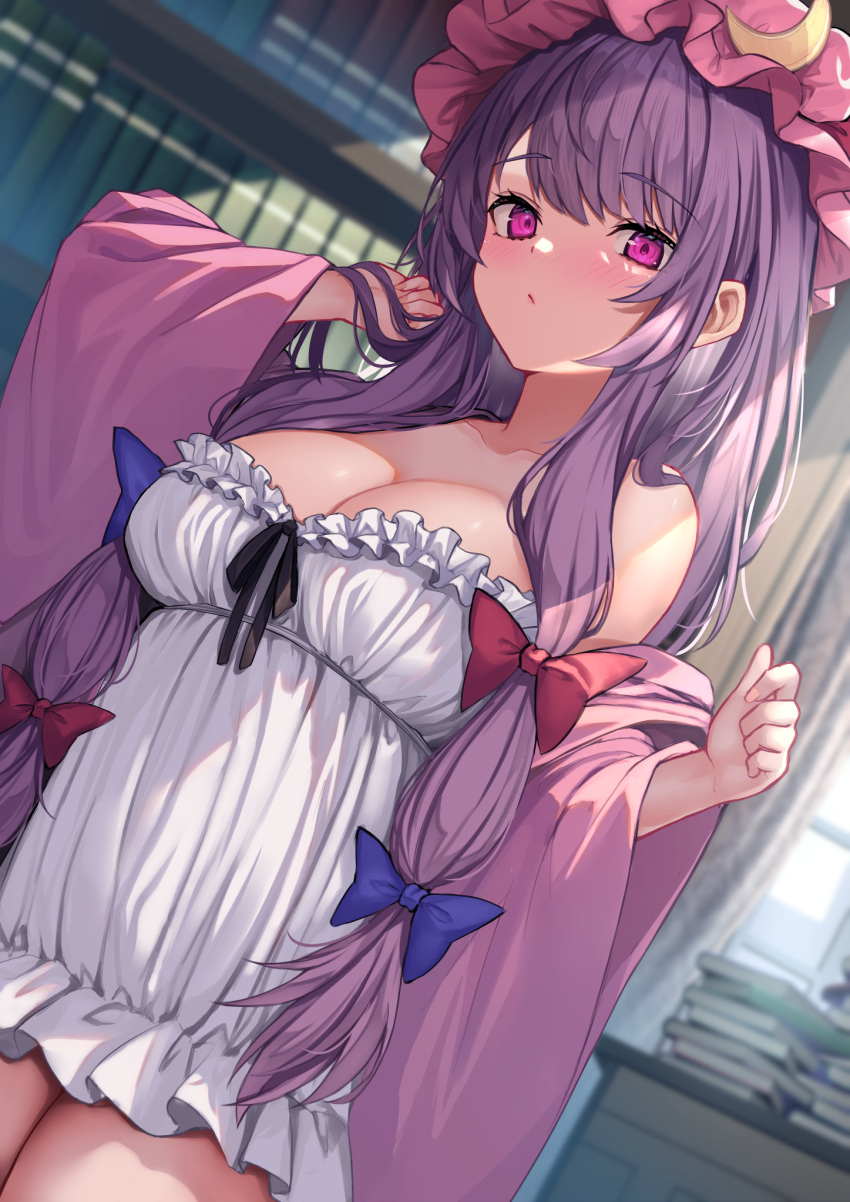 1girl blush book book_stack bookshelf bow breasts cleavage collarbone hair_bow hat highres indoors large_breasts looking_at_viewer mob_cap patchouli_knowledge pink_eyes purple_eyes purple_robe robe sidelocks solo touhou white_chemise wowoguni