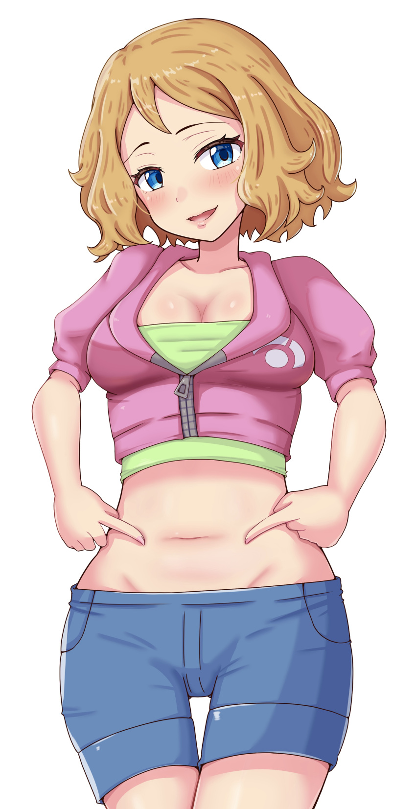 1girl absurdres blue_eyes blue_shorts breasts brown_hair cropped_jacket cropped_shirt green_shirt highres jacket looking_at_viewer maho_(corotonton5150) navel open_mouth pink_jacket pokemon pokemon_xy serena_(pokemon) shirt shorts small_breasts smile solo white_background