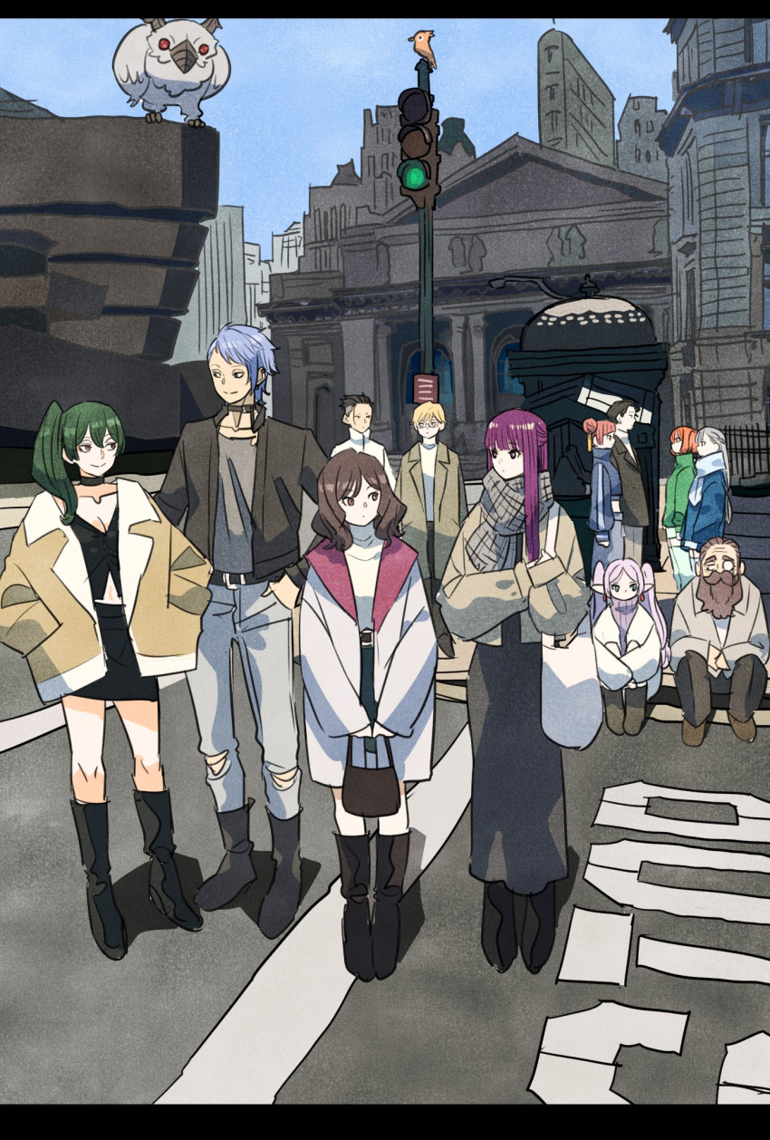 5boys 6+girls bag beard belt bird black_dress black_footwear black_hair black_jacket black_skirt blonde_hair blue_hair blue_jacket boots brown_hair building choker coat contemporary cropped_jacket day denken_(sousou_no_frieren) dress earrings ehre_(sousou_no_frieren) elf eye_contact facial_hair facing_viewer fern_(sousou_no_frieren) frieren glasses green_hair green_jacket grey_hair grey_jacket grey_scarf hair_bun hair_ornament half_updo hand_in_pocket hands_in_pockets highres holding holding_bag intersection jacket jewelry kanne_(sousou_no_frieren) knee_boots knees_up land_(sousou_no_frieren) laufen_(sousou_no_frieren) lawine_(sousou_no_frieren) long_beard long_hair long_sleeves looking_at_another looking_to_the_side low-tied_long_hair midriff miniskirt monocle monster multiple_boys multiple_girls old old_man on_ground one_side_up orange_hair outdoors pointy_ears purple_hair red_hair ribbed_sweater richter_(sousou_no_frieren) road_sign scarf scharf_(sousou_no_frieren) short_hair short_sleeves shoulder_bag side-by-side side_ponytail sideways_glance sign single_side_bun sitting skirt sky sleeveless sleeveless_turtleneck smile sousou_no_frieren standing straight_hair sweater takeuchi_ryousuke traffic_light turtleneck twintails ubel_(sousou_no_frieren) very_long_hair white_jacket white_scarf winter_clothes wirbel_(sousou_no_frieren) wrinkled_skin yellow_coat zettai_ryouiki