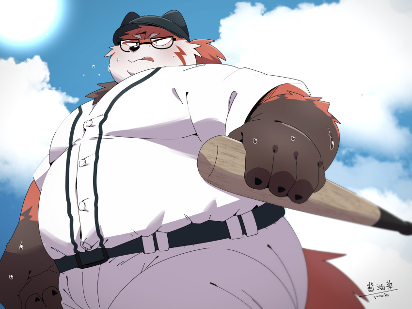 2024 anthro baseball_bat baseball_uniform bat_(object) belly big_belly black_nose bottomwear brown_body canid canine canis clothing cloud domestic_dog eyewear glasses hat headgear headwear hi_res humanoid_hands kemono male mammal overweight overweight_male pants red_body shirt solo sportswear topwear uniform uokkom