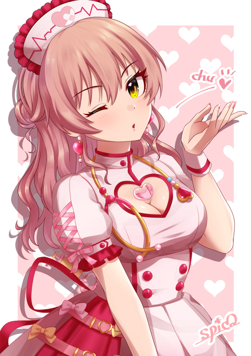 1girl absurdres blowing_kiss blush bow breasts cleavage dress earrings hat highres idolmaster idolmaster_cinderella_girls jewelry jougasaki_mika long_hair looking_at_viewer medium_breasts nail_polish nurse nurse_cap one_eye_closed open_mouth pink_bow pink_dress pink_hair solo spicapix stethoscope yellow_bow yellow_eyes