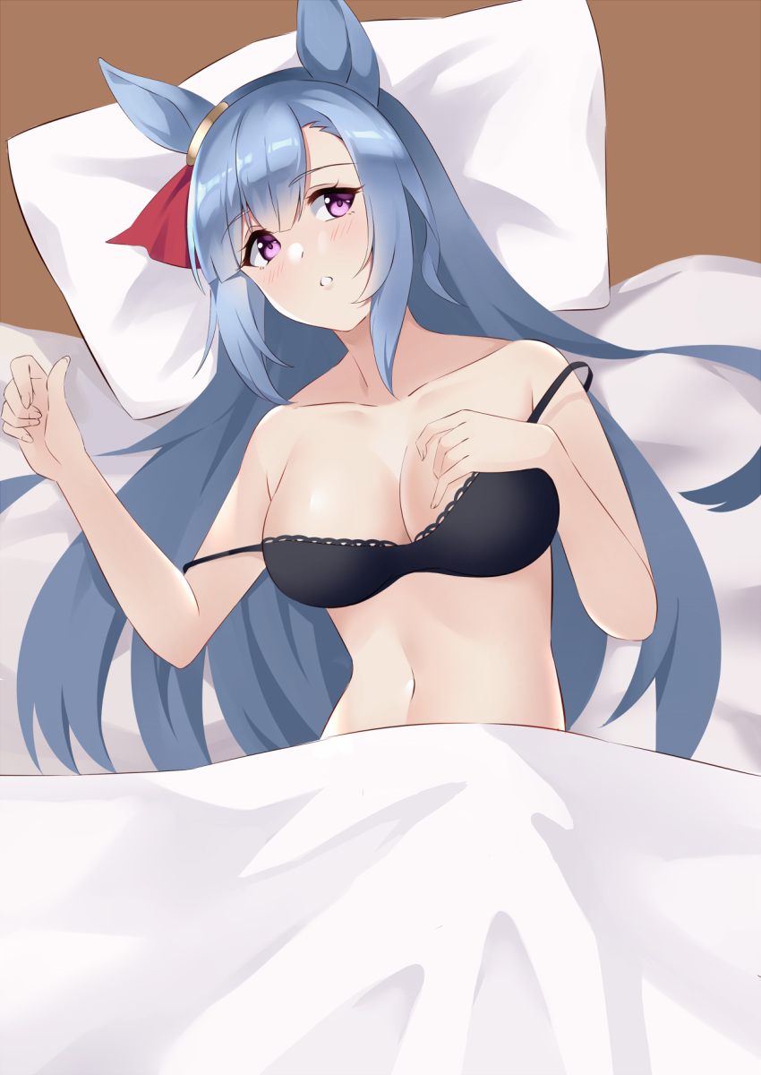 1girl alternate_costume animal_ears bare_shoulders bed black_bra blanket blue_hair blush bra breasts cleavage commentary_request double_strap_slip ear_ornament highres horse_ears horse_girl large_breasts light_blue_hair long_hair looking_at_viewer mejiro_ardan_(umamusume) miya_star_saa navel on_bed parted_lips pillow purple_eyes solo umamusume under_covers underwear upper_body very_long_hair