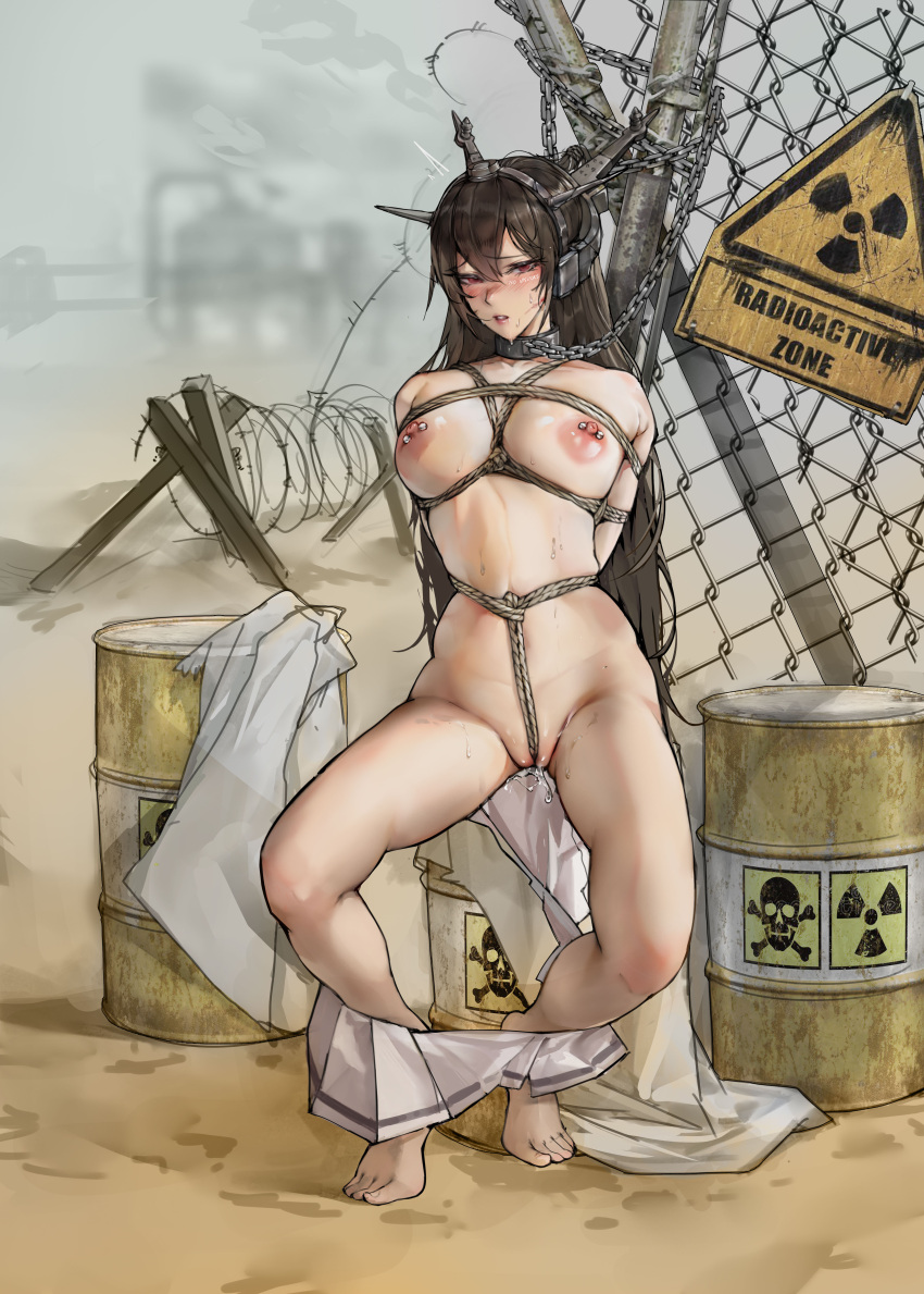 1girl absurdres arms_behind_back bdsm black_hair blush bondage bound bound_arms breast_bondage breasts chain chain-link_fence crotch_rope drum_(container) fence gdhs hair_between_eyes headgear highres kantai_collection large_breasts long_hair miniskirt nagato_(kancolle) nipple_piercing nude piercing pleated_skirt radiation_symbol red_eyes restrained rope shibari shibari_over_clothes skirt skirt_around_ankles white_skirt