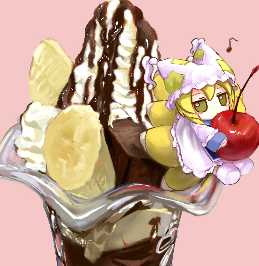 1girl banana blonde_hair blush_stickers cherry chocolate_syrup closed_mouth commentary dress food food_focus fox_tail frilled_dress frills fruit fumo_(doll) hat hat_tassel highres holding holding_food holding_fruit ice_cream jitome long_sleeves looking_at_viewer mini_person minigirl mob_cap multiple_tails musical_note on_food pink_background simple_background sitting socks solo sundae symbol-only_commentary tail touhou whipped_cream white_dress white_headwear white_socks yakumo_ran yakumora_n yellow_eyes