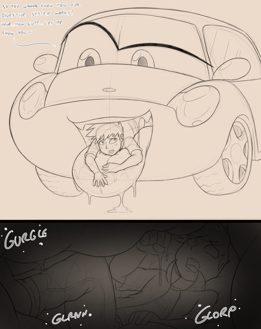 bodily_fluids cars_(disney) disney duo extreme_size_difference female hi_res human inside_mouth living_machine living_vehicle machine male male/female mammal oral_vore pixar saliva saliva_on_tongue saliva_string sally_carrera size_difference sparky_the_chu vehicle vore