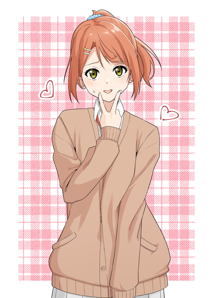 1girl absurdres alternate_hairstyle blush brown_cardigan cardigan collared_shirt furrowed_brow green_eyes hair_ornament hairclip heart highres long_sleeves looking_at_viewer love_live! love_live!_nijigasaki_high_school_idol_club medium_hair open_mouth orange_hair orinasu plaid plaid_background pleated_skirt ponytail shirt sidelocks skirt solo sweat swept_bangs uehara_ayumu upper_body v_over_mouth white_shirt white_skirt