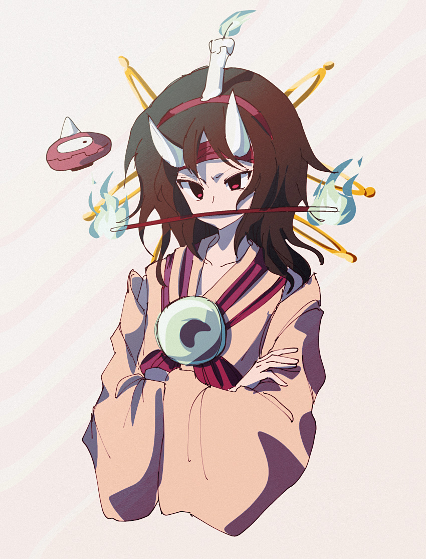 1other absurdres androgynous atoymk black_hair blue_fire brown_kimono burabura candle_on_head crossed_arms fire hair_ornament hairband hairclip headband highres horns japanese_clothes kimono len'en long_sleeves medium_hair mouth_hold object_on_head other_focus red_eyes red_hairband red_headband taira_no_chouki upper_body white_horns wide_sleeves