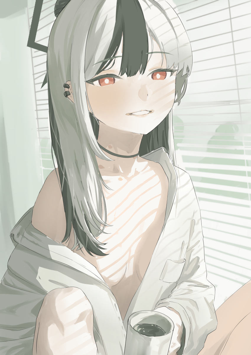 1girl absurdres black_choker black_hair blue_archive breasts bright_pupils choker coffee coffee_mug collarbone cup ear_piercing esubui grey_hair halo highres indoors kayoko_(blue_archive) long_sleeves looking_at_viewer mug multicolored_hair no_bra open_clothes open_shirt parted_lips piercing red_eyes shirt single_bare_shoulder sitting small_breasts smile solo sunlight two-tone_hair white_shirt window_blinds