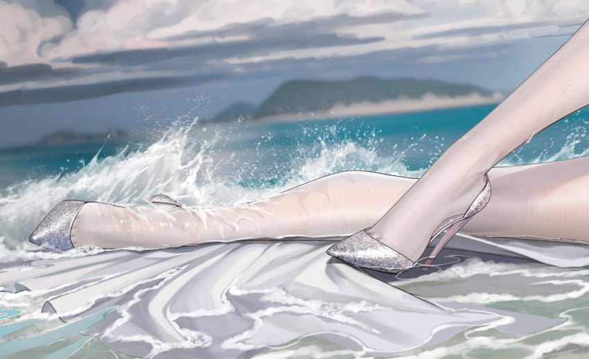 1girl aether_gazer blurry blurry_background cloud dress feet foot_focus geng_chen_(aether_gazer) grey_footwear high_heels island legs ocean sky solo splashing tsuki_no_i-min water wet_thighhighs white_dress