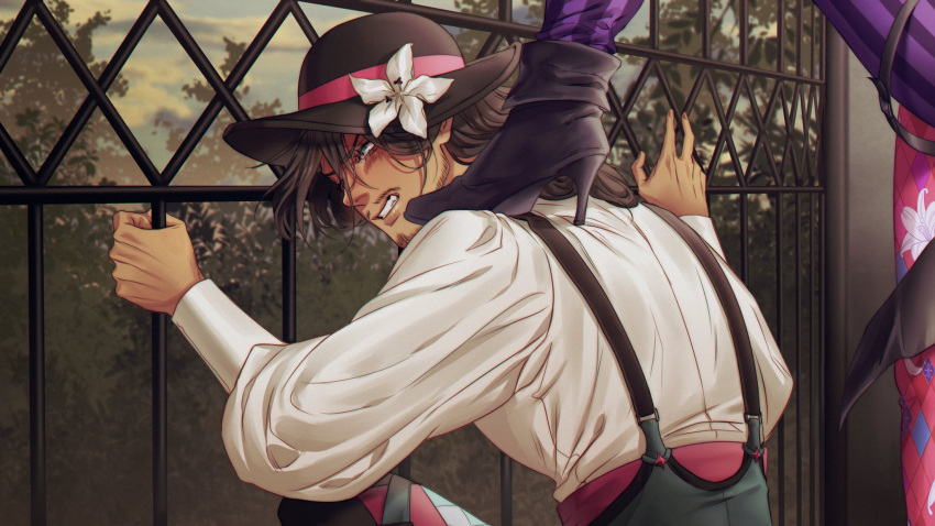 2boys ankle_boots black_hair blue_eyes boots clenched_teeth climbing cloud cloudy_sky dark-skinned_male dark_skin facial_hair fence flower game_cg gavis_bettel hat hat_flower hat_ribbon high_heels highres holostars holostars_english iron_fence jerry_(gavis_bettel) lily_(flower) long_hair male_focus mature_male multiple_boys mustache narrowed_eyes outdoors ribbon shirt sky solo_focus suspenders teeth tree upper_body vanreito virtual_youtuber white_flower white_shirt